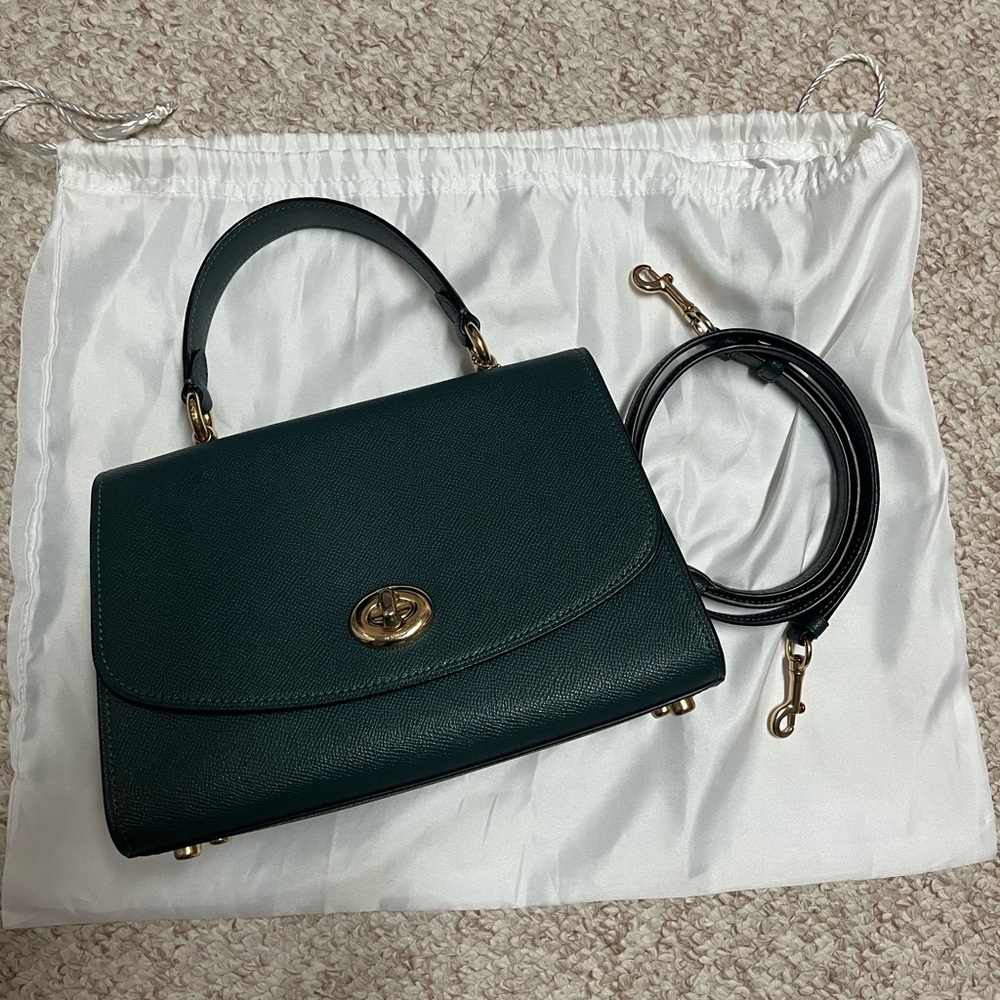 Coach Tilly Leather Crossbody Handbag Purse Top Handle, dark jade green